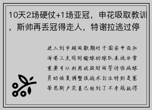10天2场硬仗+1场亚冠，申花吸取教训，斯帅再丢冠得走人，特谢拉逃过停赛