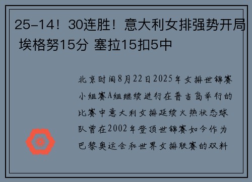 25-14！30连胜！意大利女排强势开局 埃格努15分 塞拉15扣5中